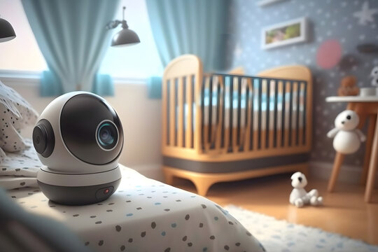 Video camera CCTV for control baby near crib with child room. Generation AI