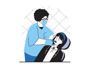 Medical concept with character situation. Dentist examines patient oral cavity, treats teeth. Woman visiting doctor in stomatology cabinet. Vector illustration with people scene in flat design for web