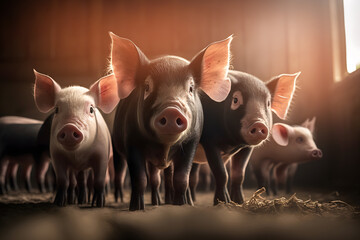 Portrait piglet with sunlight. Pigs livestock farm. Agriculture industry swine. Generation AI