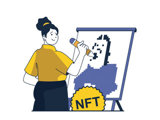 NFT token concept with character situation. Woman creates digital masterpieces of digital art for sale on virtual sites and online gallery. Vector illustration with people scene in flat design for web