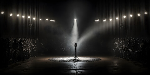 Concept Public speaking on stage with mic. Microphone for singer music background with spot lighting. Generation AI - obrazy, fototapety, plakaty