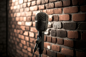 Stand up comedy stage microphone on brick wall. Concept open mic for monologue, Banner. Generation AI