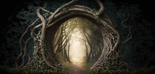 magical portal with arch made with tree branches in for illustration design art