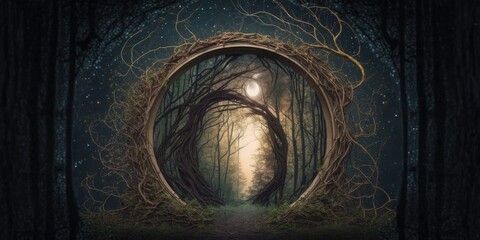Fototapeta na wymiar magical portal with arch made with tree branches in for illustration design art