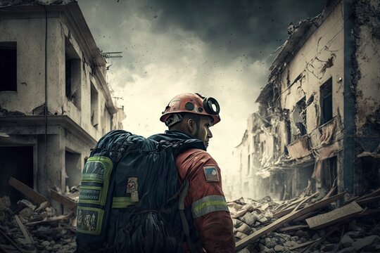 After earthquake. Rescuers are in the rubble of the building after the earthquake. The atmosphere after a natural disaster. Generative AI.