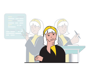 Productivity workplace concept with character situation. Woman thinks and analyzes work processes, optimizes strategy for doing tasks. Vector illustration with people scene in flat design for web