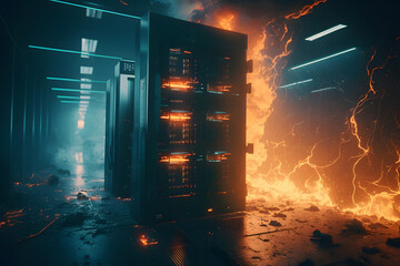 Burning server room. Data center supercomputer technology in fire. Generation AI