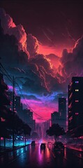 night cityscape in neon light and clouds illustration design art