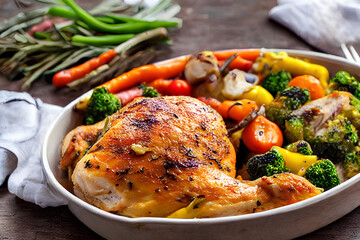 Baked chicken with vegetables. In a white plate on a dark table with a textile napkin and fresh herbs.