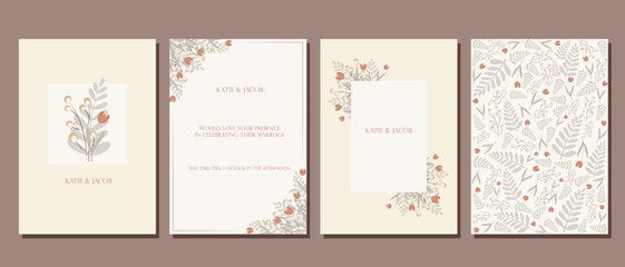 A bunch of postcards. Wedding invitation. Postcards in pastel shades with various twigs of plants