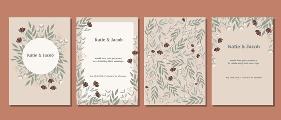 A bunch of postcards. Wedding invitation. Postcards in pastel shades with various twigs of plants