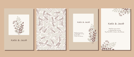 Fototapeta na wymiar A bunch of postcards. Wedding invitation. Postcards in pastel shades with various twigs of plants