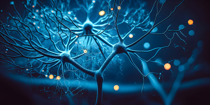 Nerve cell, system neuron of brain with synapses, blue color. Medicine biology background banner. Generation AI