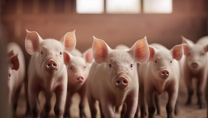 Pigs livestock farm. Happy piglet with sunlight. Agriculture industry swine banner. Generation AI