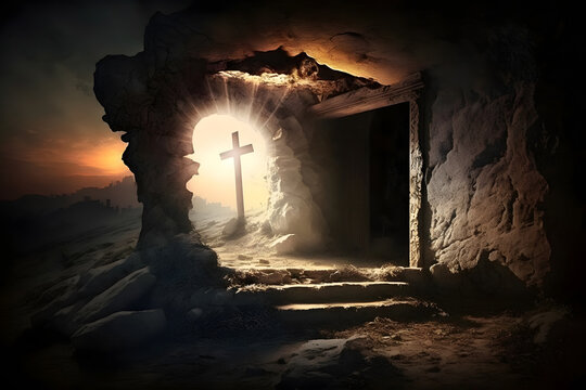 Cave tomb with cross sunlight. Concept resurrection morning. Generation AI
