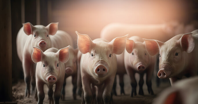 Portrait piglet with sunlight. Pigs livestock farm. Agriculture industry swine banner. Generation AI