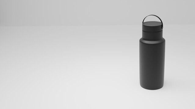 3d render black water bottle in exercise illustration with empty space on white background