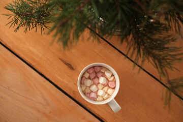 cup of cocoa with marshmallow top view on wooden table