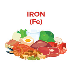 Iron (Fe) in food icon vector. Iron food sources vector illustration isolated on a white background. Meat, beef, seafood, nuts, seeds, vegetables vector. Pile of healthy fresh food drawing