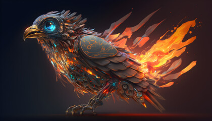 robot bird on fire, bird in the form of a fiery robot, the future of animal robots © YM Creative Studio