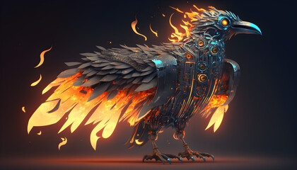 robot bird on fire, bird in the form of a fiery robot, the future of animal robots
