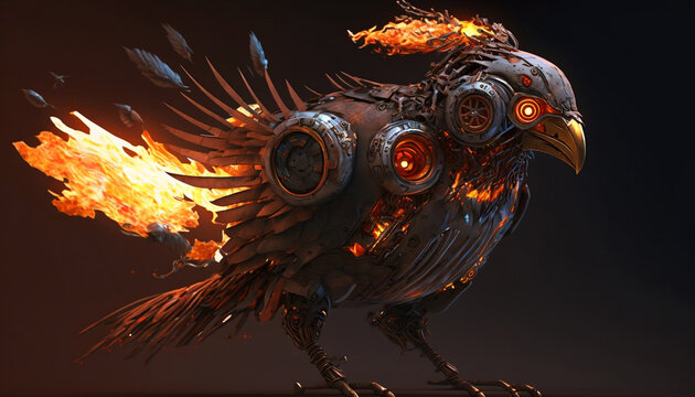robot bird on fire, bird in the form of a fiery robot, the future of animal robots