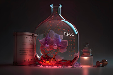 a living plant inside a round flask, a magic potion bottle in dark gloomy colors, research in cosmetology. generative ai