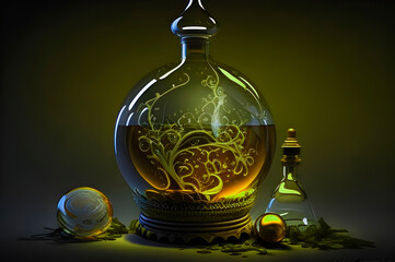 ornate patterns inside a chemical flask, a metaphor for research in biology, cosmetology. alchemical jar with magic light on a dark background. generative ai - obrazy, fototapety, plakaty