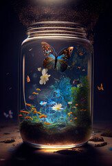 Generative AI illustration of Nature inside a glass jar with plants, flowers, water, fish and butterflies
