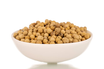 Fragrant vegetable coriander seeds in white ceramic plate, macro, isolated on white background.