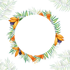 A wreath of tropical green leaves and orange flowers on a white background. All elements are hand painted in watercolor. Suitable for printing on fabric, paper, scrapbooking and crafts.