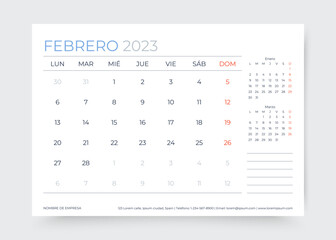 February 2023 year Spanish calendar. Planner calender layout. Week starts Monday. Spain monthly organizer. Timetable template. Table schedule grid. Vector simple illustration. Paper size A5