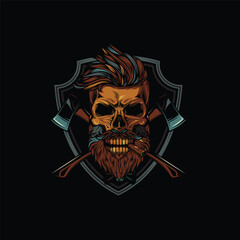 Original neon vector illustration of a lumberjack skull with axes on the background, vintage style. T-shirt or sticker design