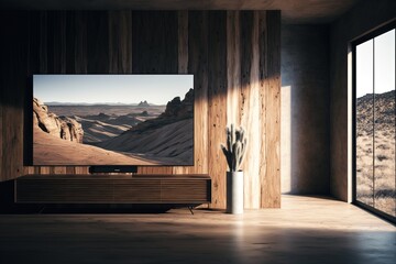 Modern Wooden Minimalist Apartment Interior Living Room With 8k Tv Screen