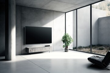 Modern Minimalist Apartment with concrete walls Interior Living Room With 8k Tv Screen