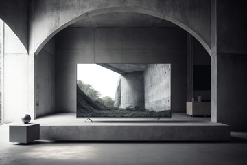 Fototapeta na wymiar Modern Minimalist Apartment with concrete walls Interior Living Room With 8k Tv Screen