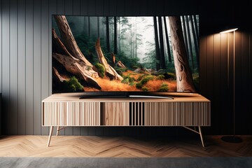 Modern Wooden Minimalist Apartment Interior Living Room With 8k Tv Screen
