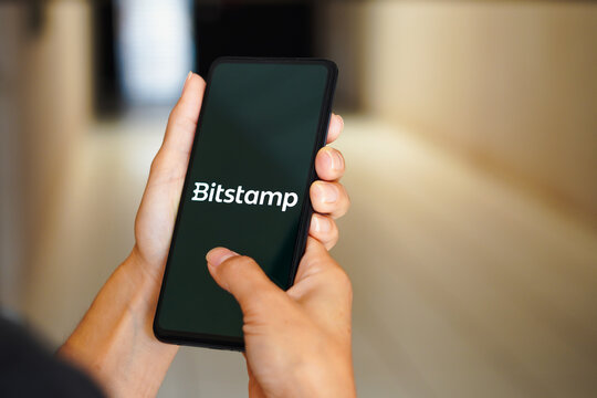 February 17, 2023, Brazil. In this photo illustration, the Bitstamp logo is seen displayed on a smartphone.