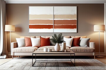 Designer living room interior with huge horizontal abstract painting, based on plaster, minimalist, soft terracotta tones, matte screen printed texture and framed in natural American maple. 