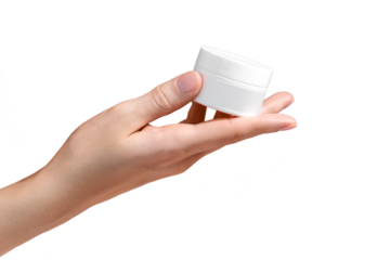 Female hand holding jar of cosmetic cream on transparent background. Cosmetic beauty product branding mockup. Copy space. Mockup.