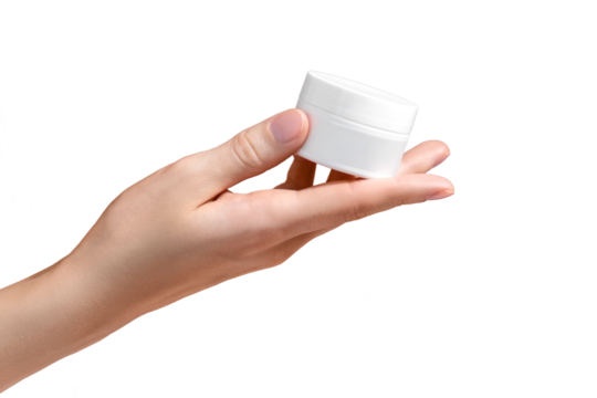 Female hand holding jar of cosmetic cream on transparent background. Cosmetic beauty product branding mockup. Copy space. Mockup.