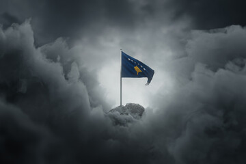 3D rendering of waving Kosovo flag on rocky landscape covered by grey clouds. Celebrating the independence day of 17 February