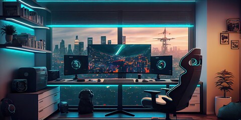 Game room with a computer for cyber gamers. panoramic cityscape outside the window. Generative AI.