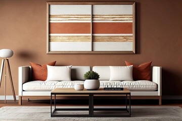 Fototapeta na wymiar Designer living room interior with huge horizontal abstract painting, based on plaster, minimalist, soft terracotta tones, matte screen printed texture and framed in natural American maple. Generative