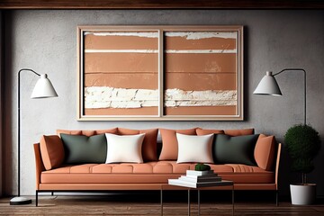 Designer living room interior with huge horizontal abstract painting, based on plaster, minimalist, soft terracotta tones, matte screen printed texture and framed in natural American maple. Generative
