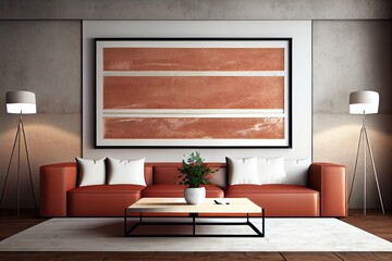Designer living room interior with huge horizontal abstract painting, based on plaster, minimalist, soft terracotta tones, matte screen printed texture and framed in natural American maple. Generative