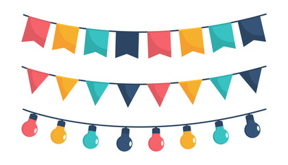 Flags and light bulbs for birthday. Festive decorations for holiday or festival. Vector
 - obrazy, fototapety, plakaty