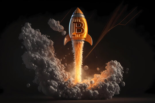 Cryptocurrency Revolution: Rocket Taking Off with Bitcoin Logo