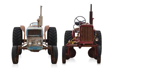 old blue and red tractors on white background, object, construction, work, vintage, ancient, copy space