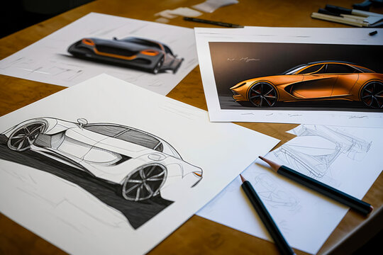 Automotive design studio with sketches and models of cars, generative ai